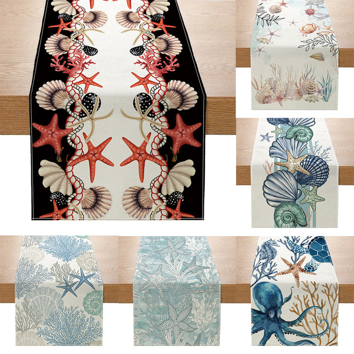Coastal Watercolor Octopus & Sea Life Cotton-Linen Table Runner