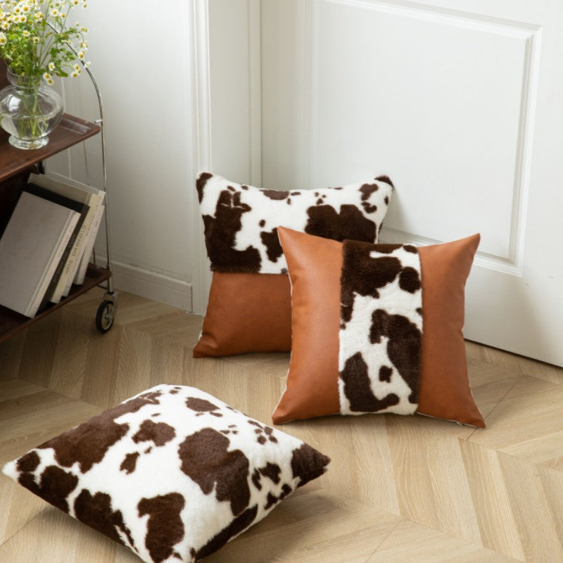 Decorative Throw Pillow with Faux Cowhide Fur Panel and Vegan Leather Accent