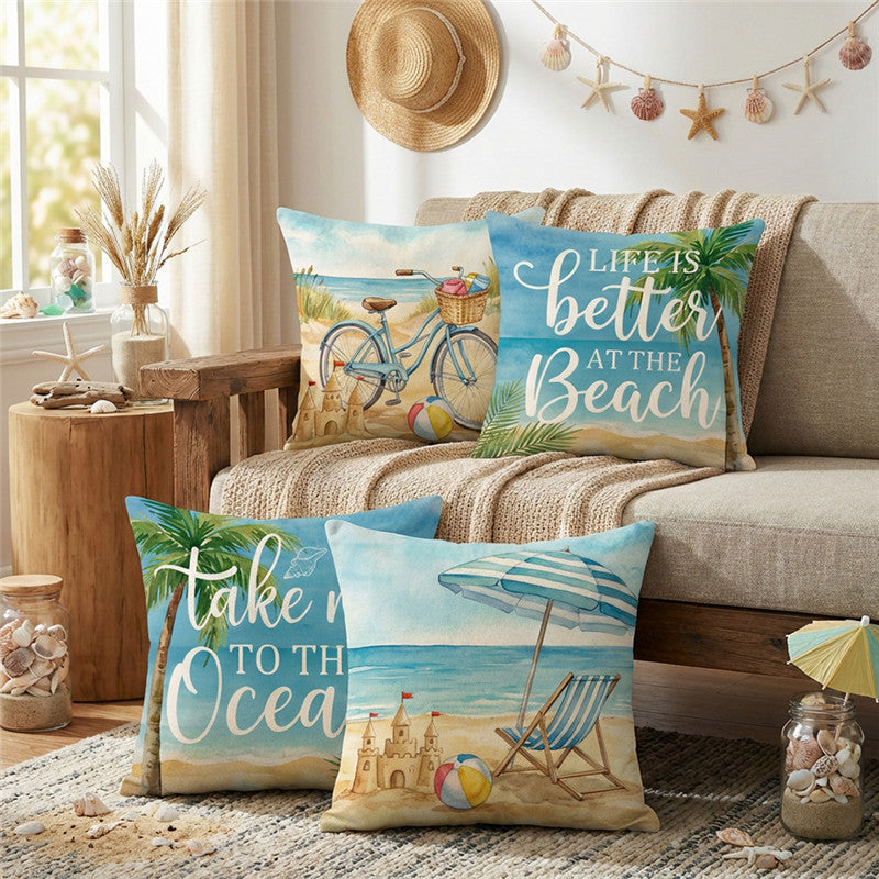 Scenic Watercolor Beach Bicycle Linen Pillow Cover with Basket & Sandcastle Illustration