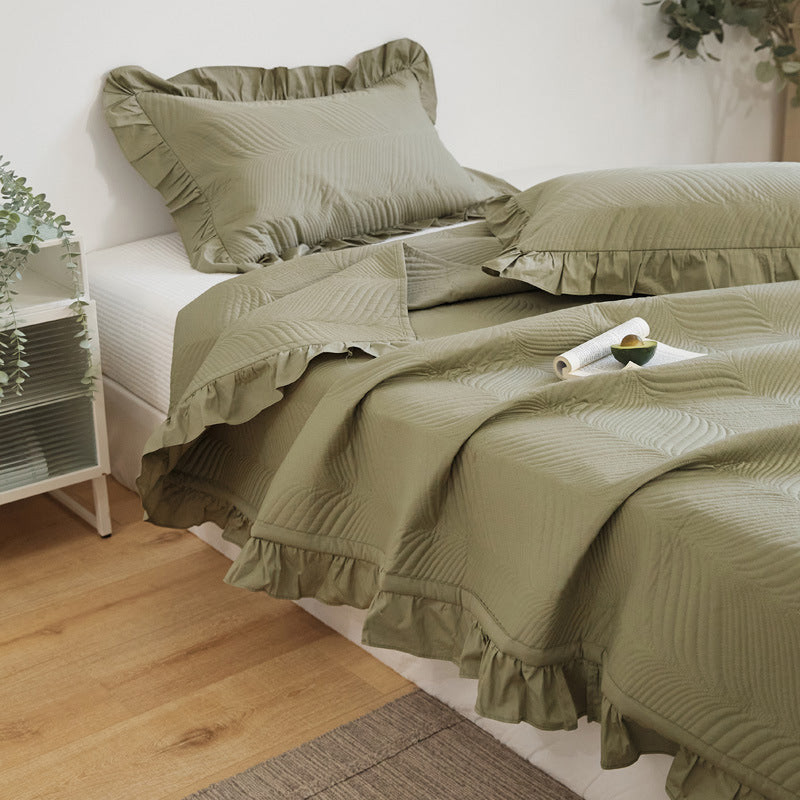 Quilted Wave-Texture Ruffled Bedspread Set with Pillow Shams