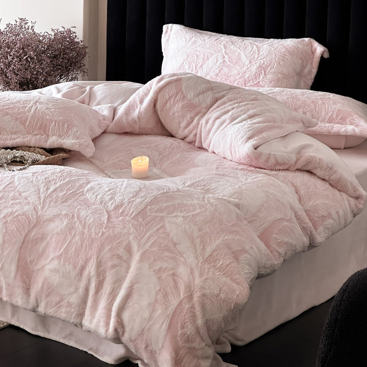 Plush Embossed Leaf-Relief Fleece Duvet Cover & Sham Set