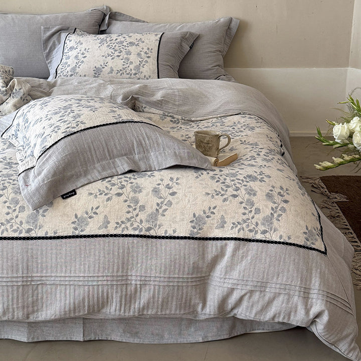 Floral Linen Duvet Cover Set with Decorative Lace Trim