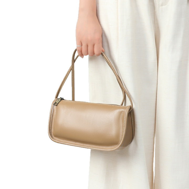 Structured Leather Baguette Shoulder Bag with Top Zip and Double Strap