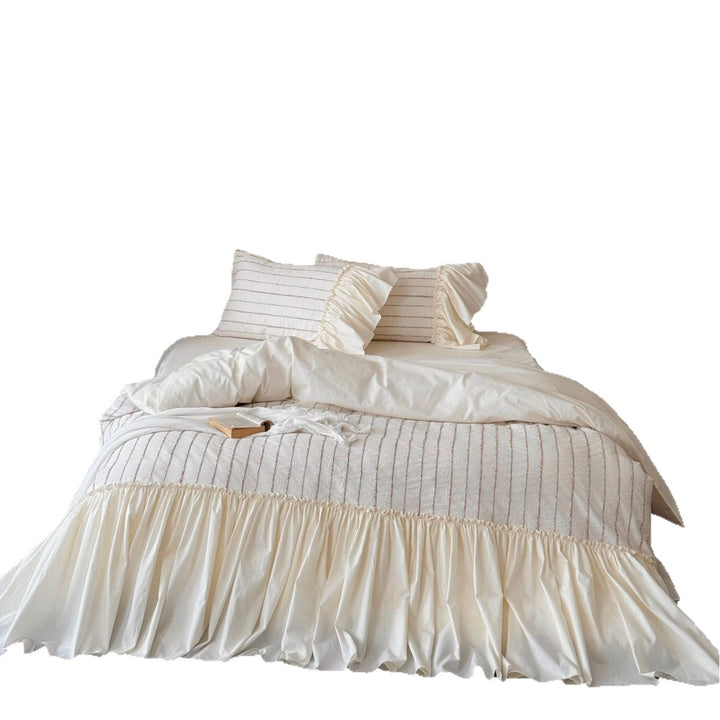 Ruffled Gathered Duvet Cover Set with Pleated Accent Pillowcases and Skirted Hem