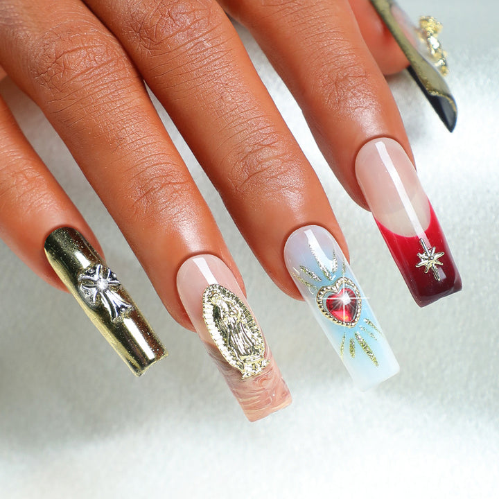 Artificial nail set with cherry motif and sparkling rhinestones Stornfield