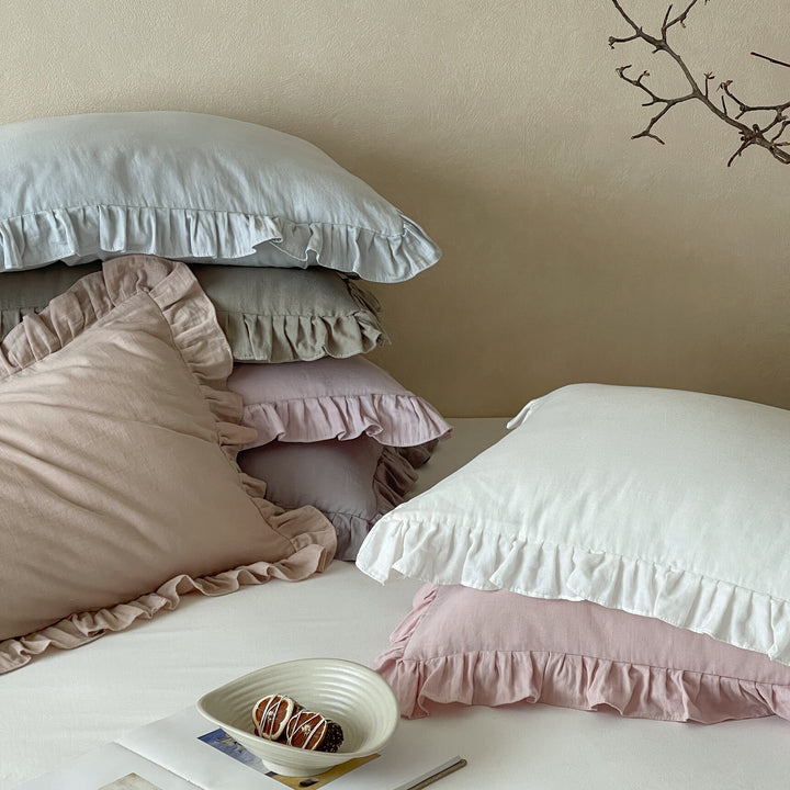 Ruffled Linen Pillowcase Set with Soft Washed Linen Texture
