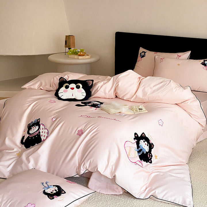 Embroidered Kitten Cotton-Sateen Duvet Cover Set with Pillow Shams