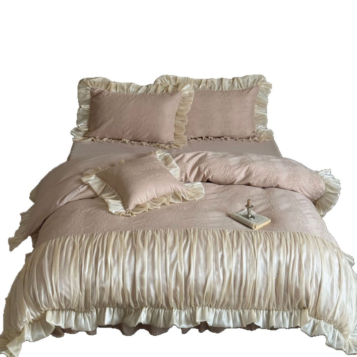 Luxurious Ruffled Satin Bedding Set with Pleated Coverlet