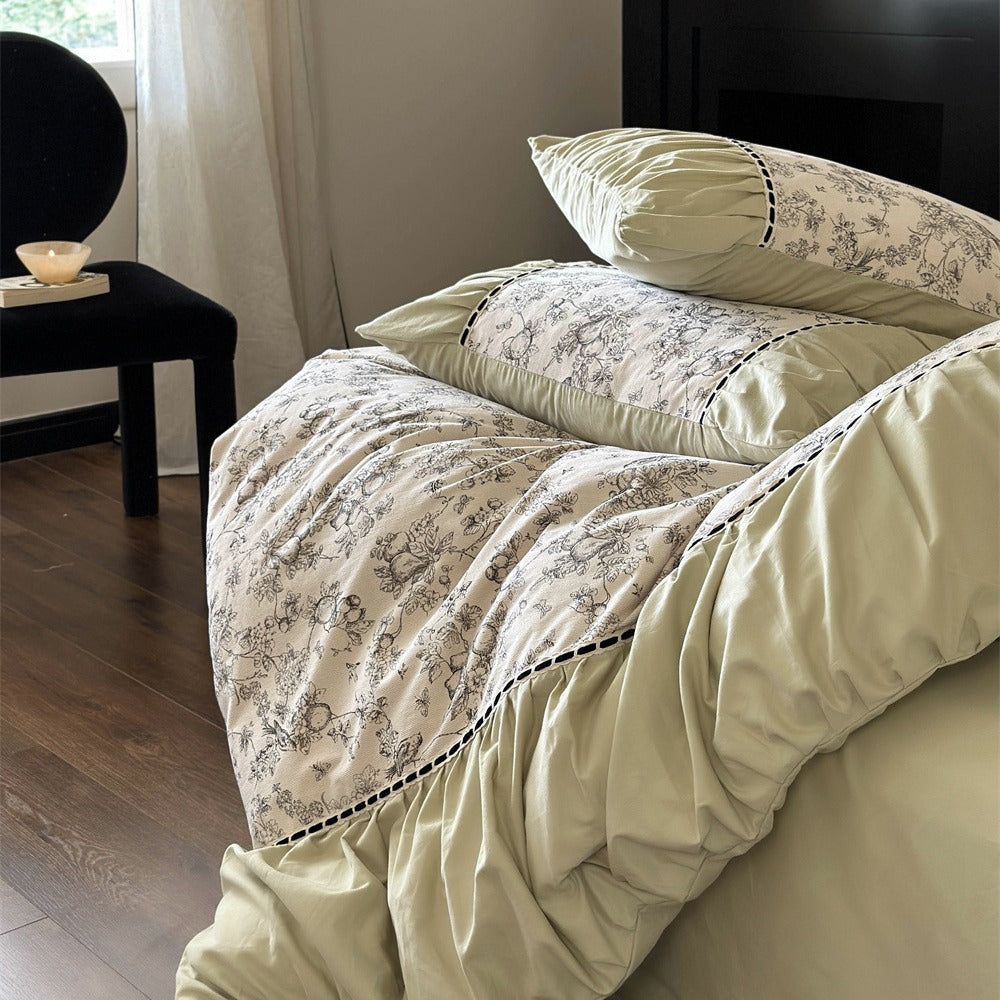 Luxury Floral Cotton Sateen Duvet Cover Set with Ruffled Pillow Shams