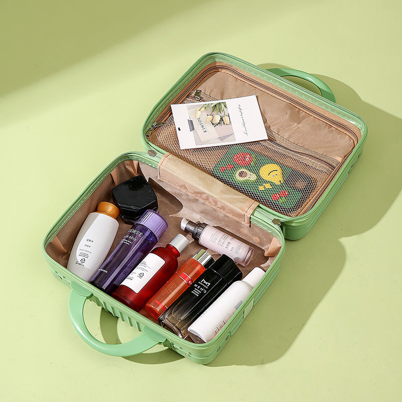 structured hard-shell vanity travel case with faux-leather corner reinforcements and dual top handles Stornfield