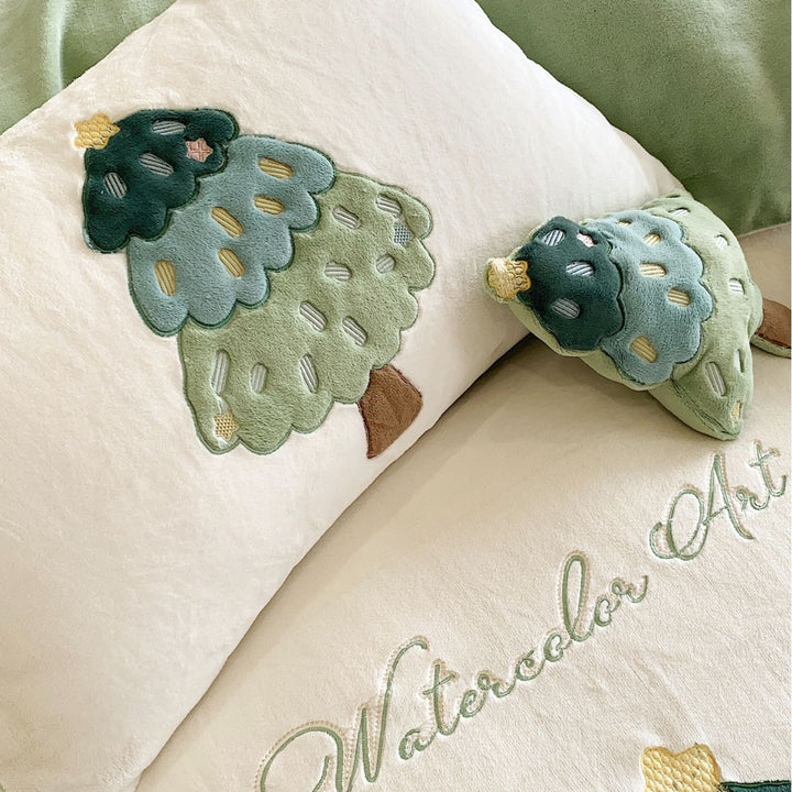 Quilted Embroidered Tree Applique Cotton Duvet Cover Set with Plush Decorative Pillowcases