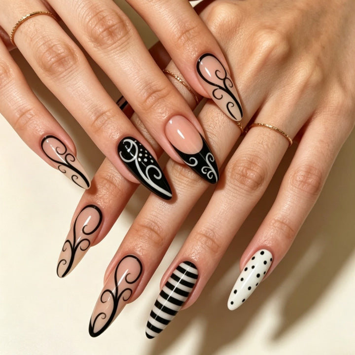 Artificial nails with modern black and white design Stornfield