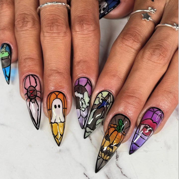 Artistic Halloween-Themed Stiletto Press-On Nails Stornfield