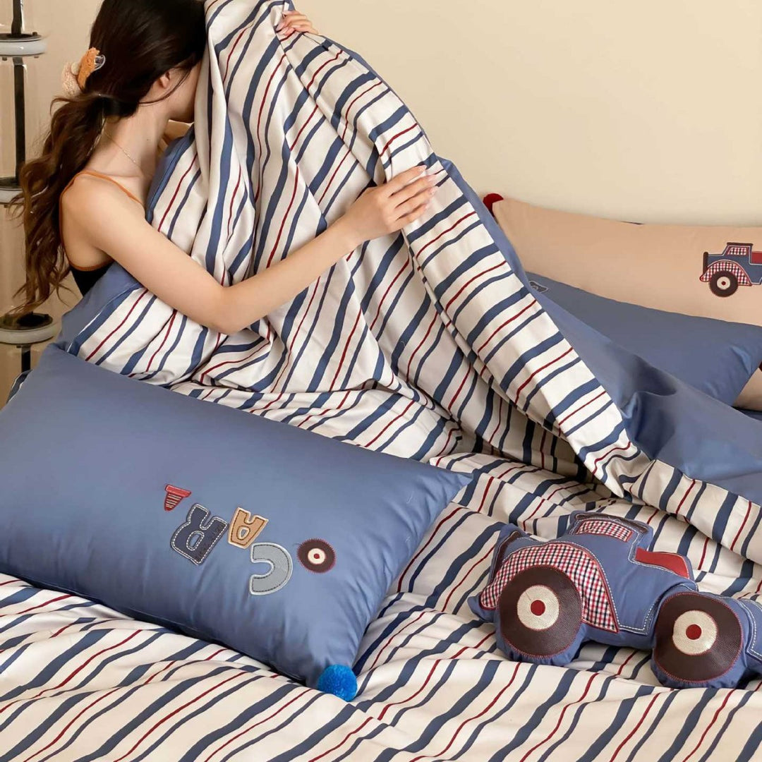 Striped Cotton Duvet Cover Set with Embroidered Car Appliqué & Pom-Pom Pillow Shams