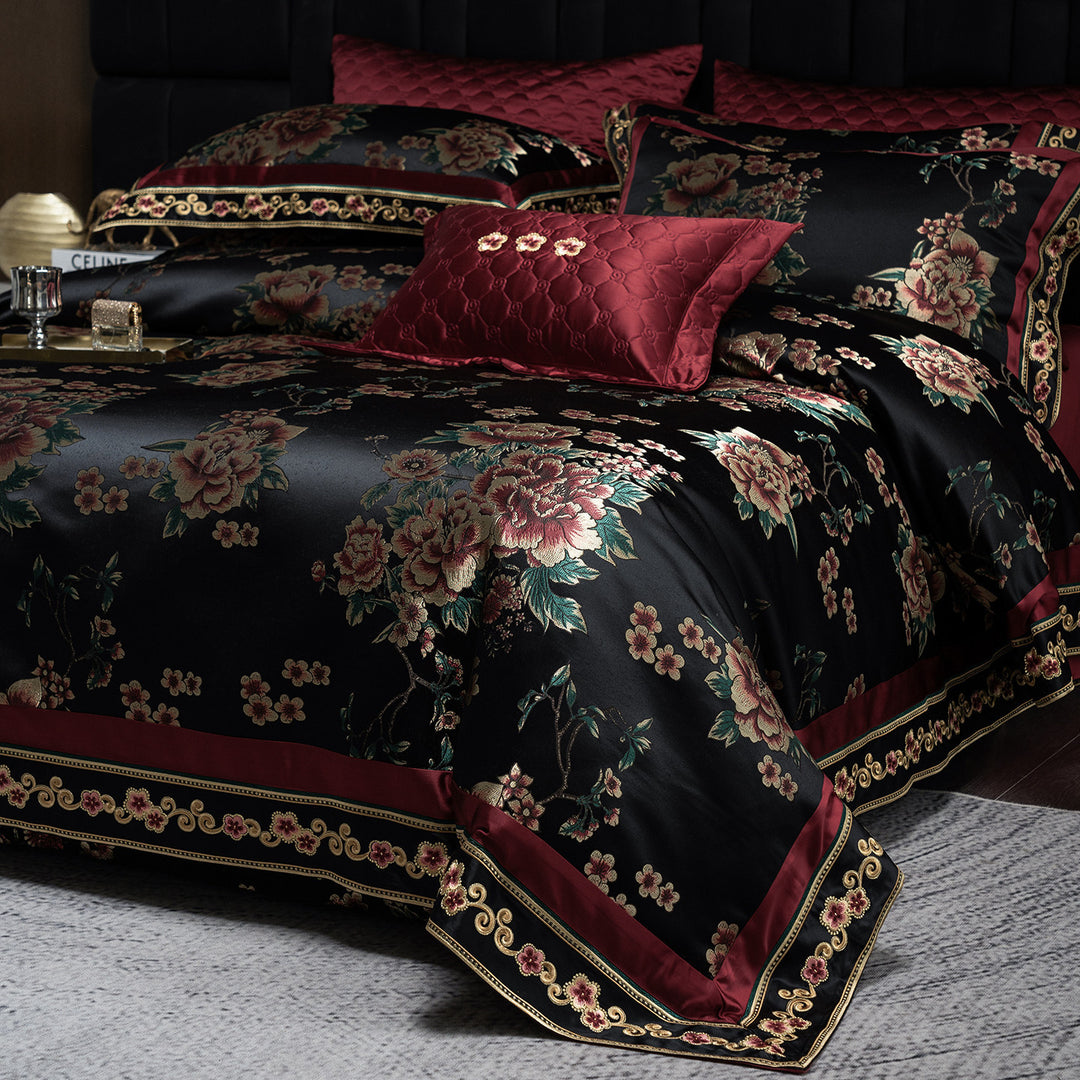 Luxury Satin Floral Jacquard Duvet Cover Set with Quilted Accent Pillow