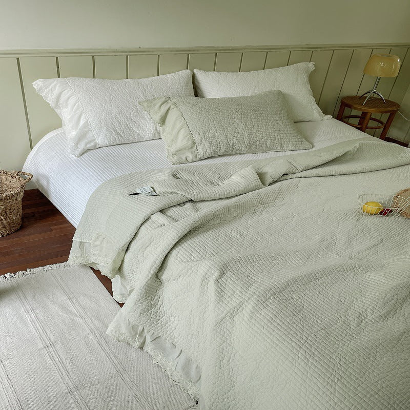 Quilted Washed Linen Bedspread Set with Frayed Lace Edge and Matching Pillow Shams
