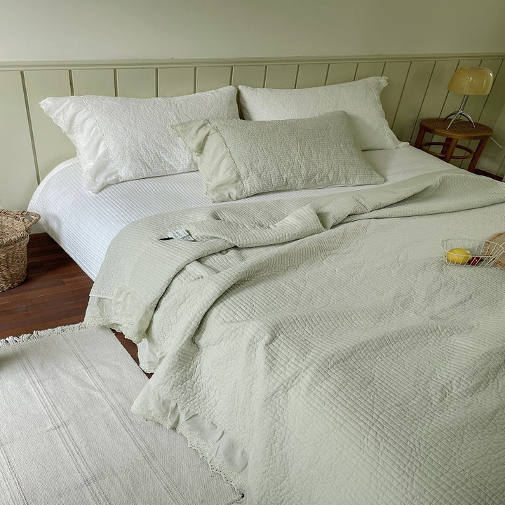 Quilted Washed Linen Bedspread Set with Frayed Lace Edge and Matching Pillow Shams