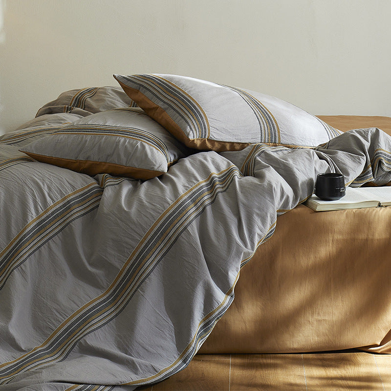 Embroidered Stripe Organic Cotton Duvet Cover Set with Pillow Shams