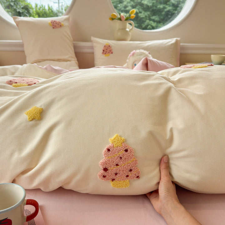 Plush Embroidered Cherry Motif Comforter and Pillow Sham Set