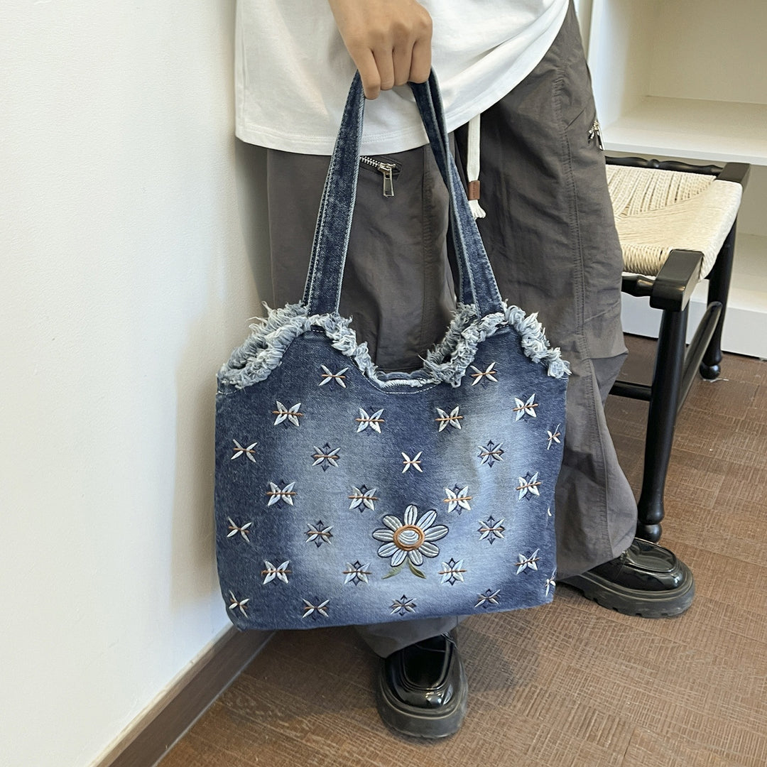 Floral Embroidered Denim Tote Bag