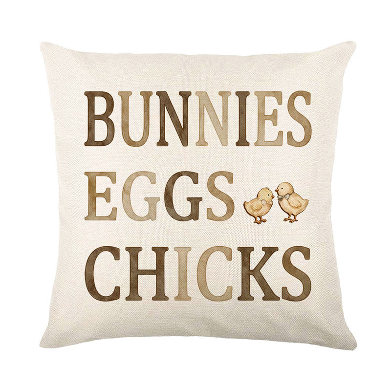Linen-Blend Square Accent Pillow Cover with Large Easter 'Eggs Hunt' Printed Typography and Decorative Egg Motif