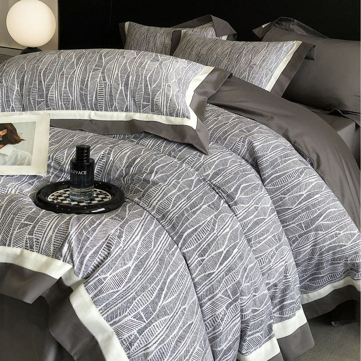Reversible Cotton-Sateen Duvet Cover Set with Botanical Linear Print & Contrast Border
