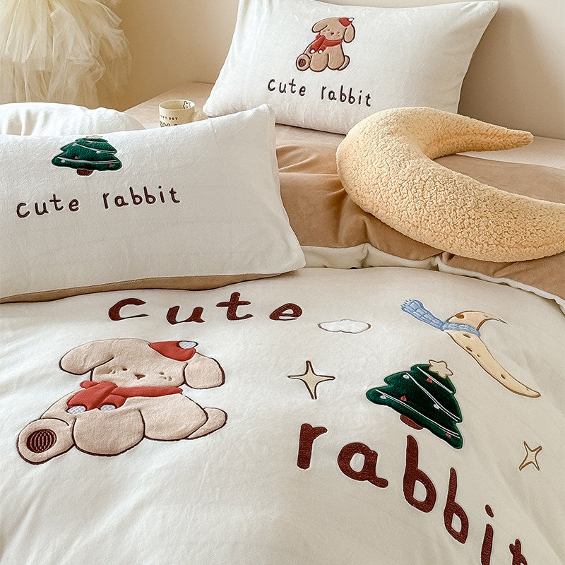 Plush Embroidered Duvet Cover Set with Rabbit Appliqué & Decorative Pillow Shams