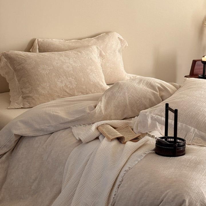 Lace-Trim Cotton-Linen Jacquard Duvet Cover Set with Ruffled Edge
