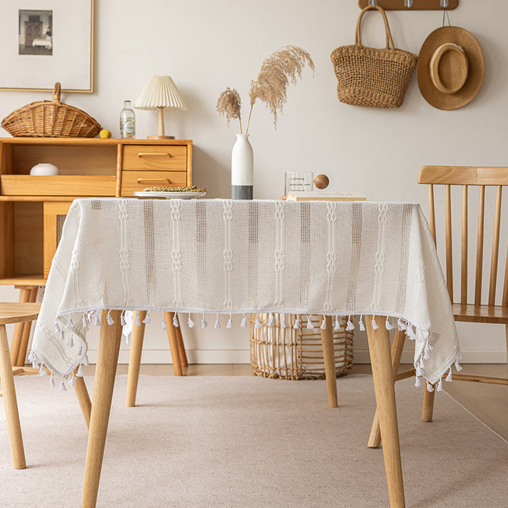 Rectangle Cotton-Linen Woven Fringe Tassel Tablecloth for Dining Table