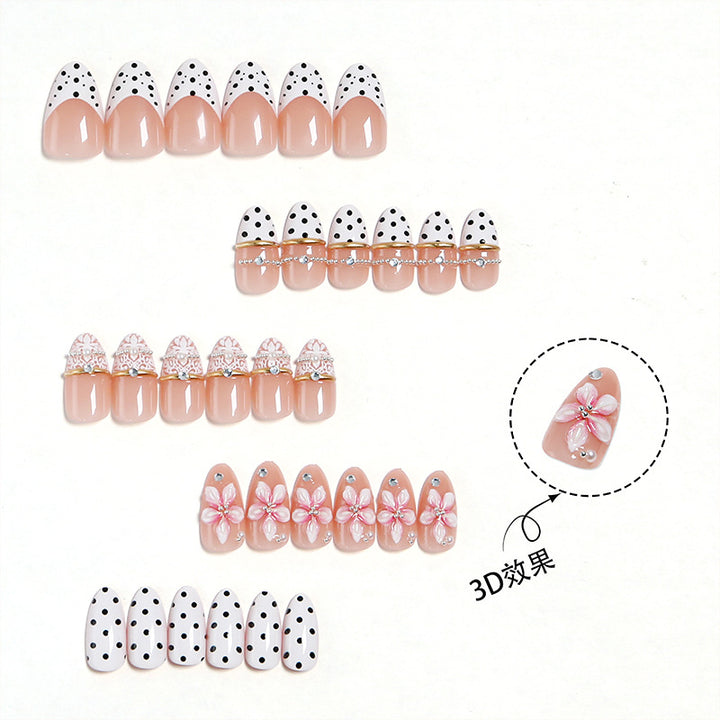 Artificial nail set with elegant flower and dot patterns Stornfield