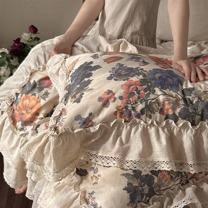 Floral Ruffled Cotton Duvet Cover Set with Lace Trim and Layered Bed Skirt
