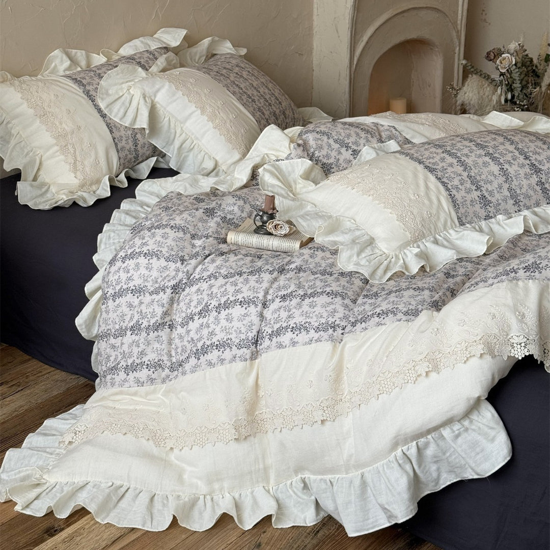 Cottage Lace-Panel Floral Quilt-Style Duvet Cover Set with Frilled Hem
