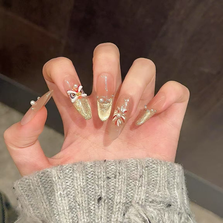 Decorative Press-On Nail Art Set with 3D Floral and Gem Accents