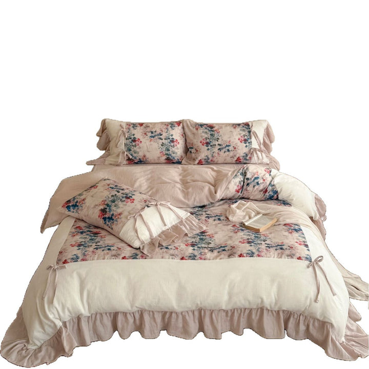 Floral Ruffled Cotton-Linen Duvet Cover Set with Tied Pillow Shams and Ruffled Bedskirt