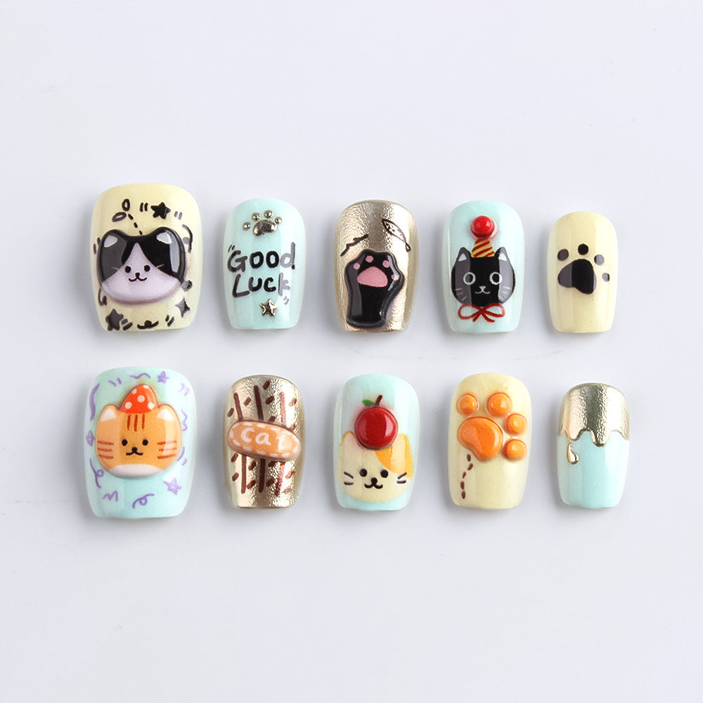 Whimsical Cat-Themed Press-On Nail Art Stornfield