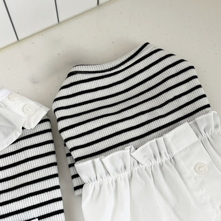 Striped Cotton Knit Pet Dress with Ruffled Skirt and Button-Back Closure