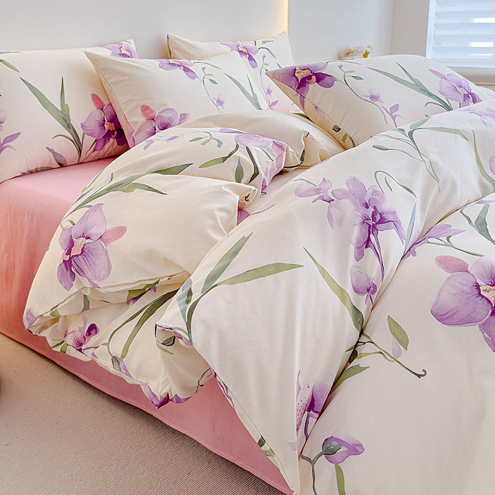 Rose-Print Cotton Sateen Duvet Cover Ensemble with Hypoallergenic Down-Alternative Comforter