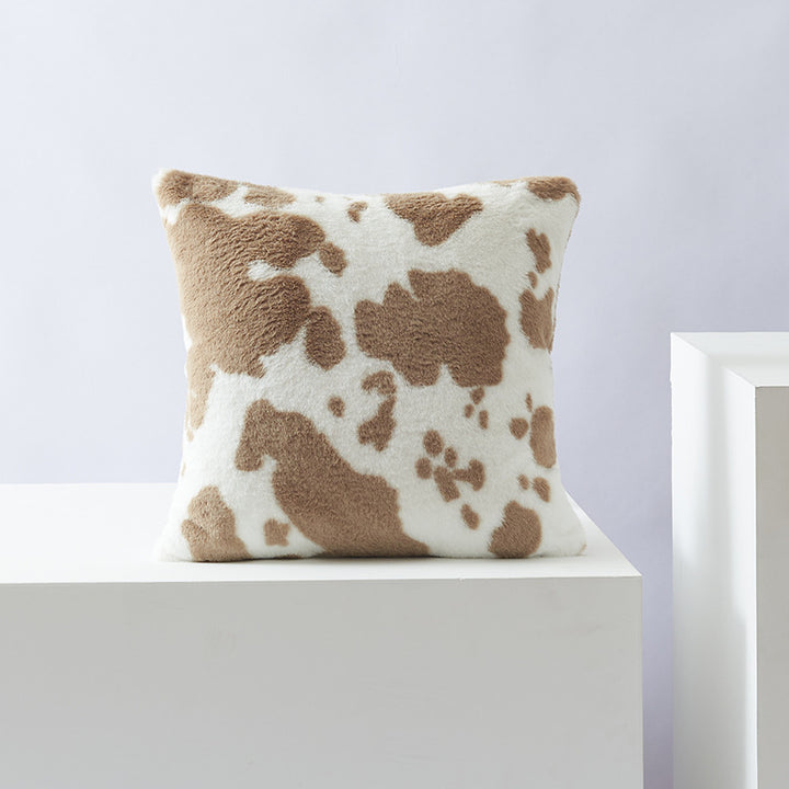 Square faux fur cushion cover with cow print pattern and extra soft plush surface Stornfield