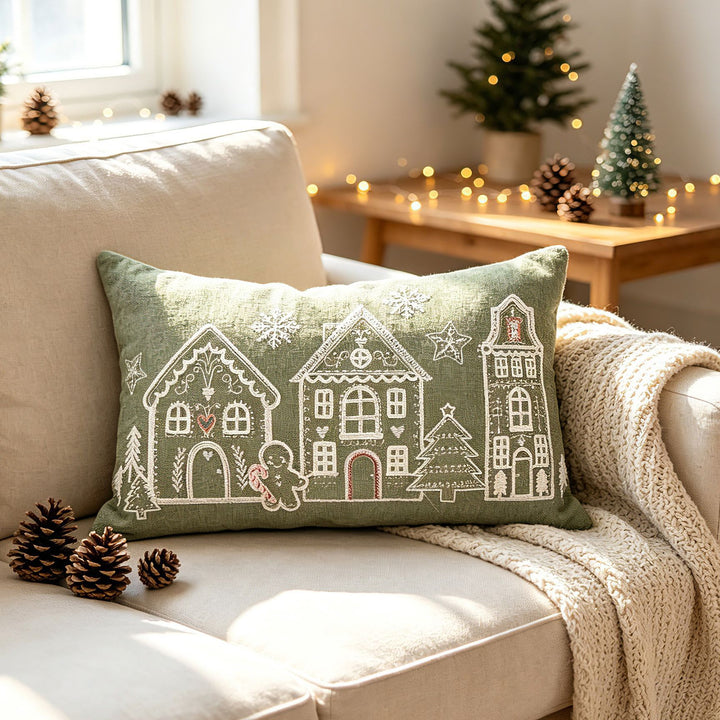 Christmas Gingerbread House Embroidered Velvet Lumbar Pillow Cover