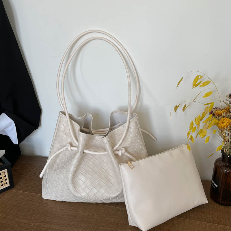 Woven Leather Bucket Bag with Pouch