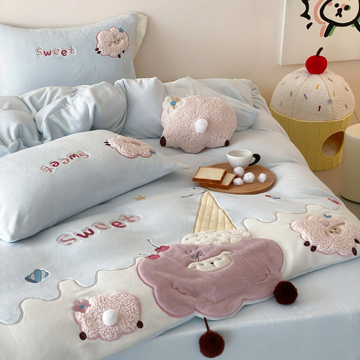 Children's Embroidered Plush Duvet Cover Set with Ice Cream & Sheep Appliqués