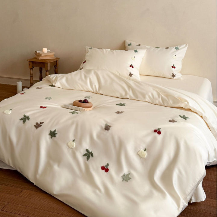 Embroidered Cotton-Sateen Duvet Cover Set with 3D Fruit & Leaf Appliqué