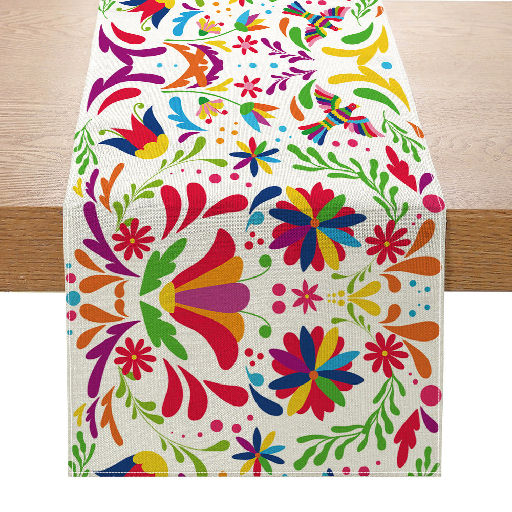 Folk Floral Table Runner Cotton-Blend Decorative Table Linen