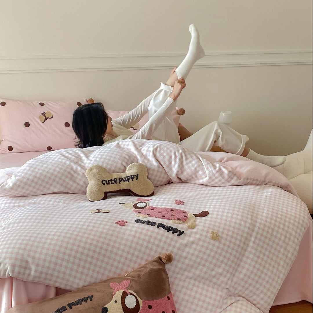 Embroidered Gingham Puppy Duvet Cover Bedding Set with Plush Accent Pillows