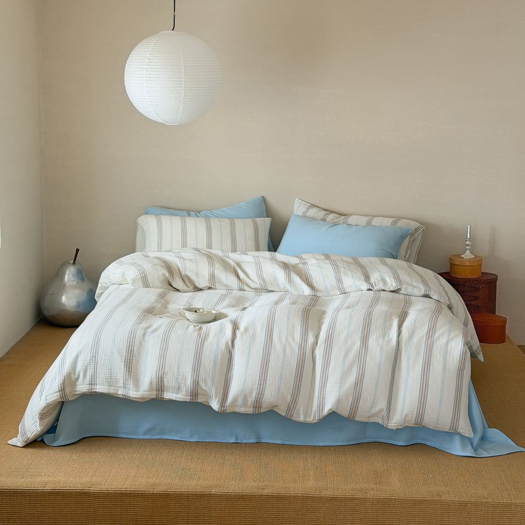 Striped Textured Cotton-Linen Duvet Cover Set with Pillow Shams