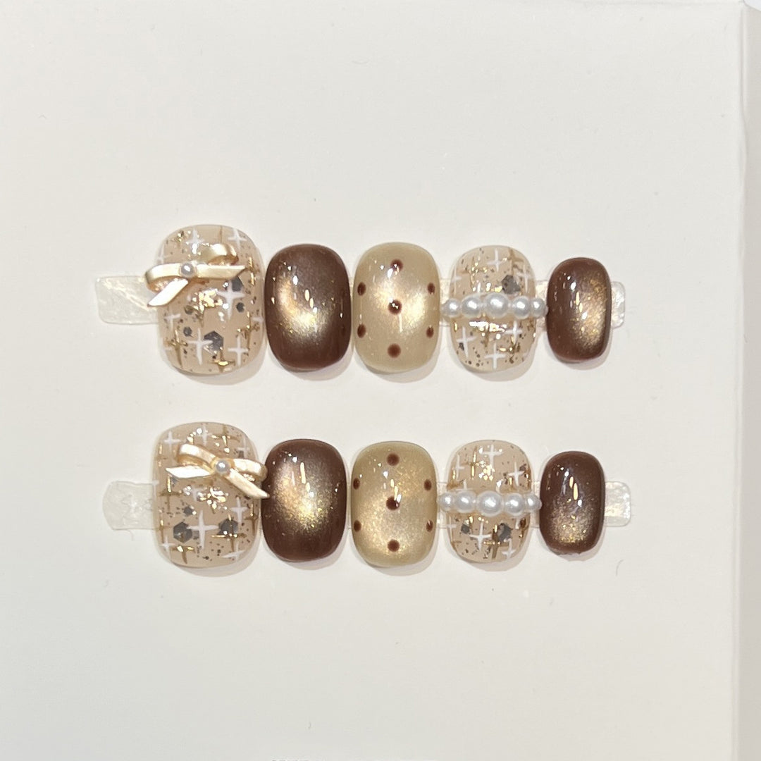 Decorative Press-On Nail Set with Pearl and Bow Accents Stornfield