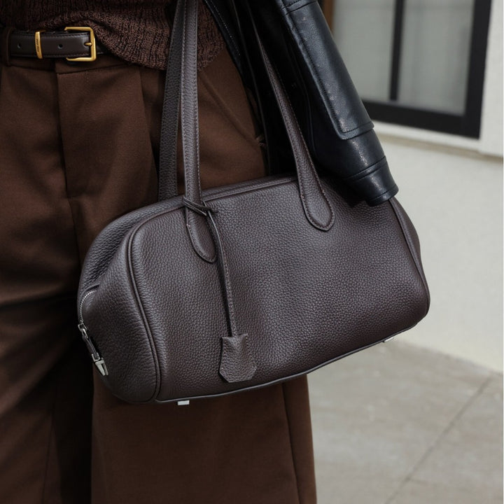 Pebbled Leather Barrel Top-Handle Satchel with Dual Shoulder Straps