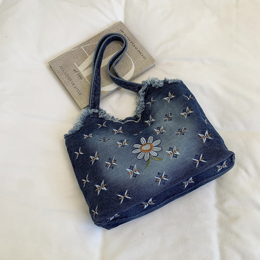 Floral Embroidered Denim Tote Bag