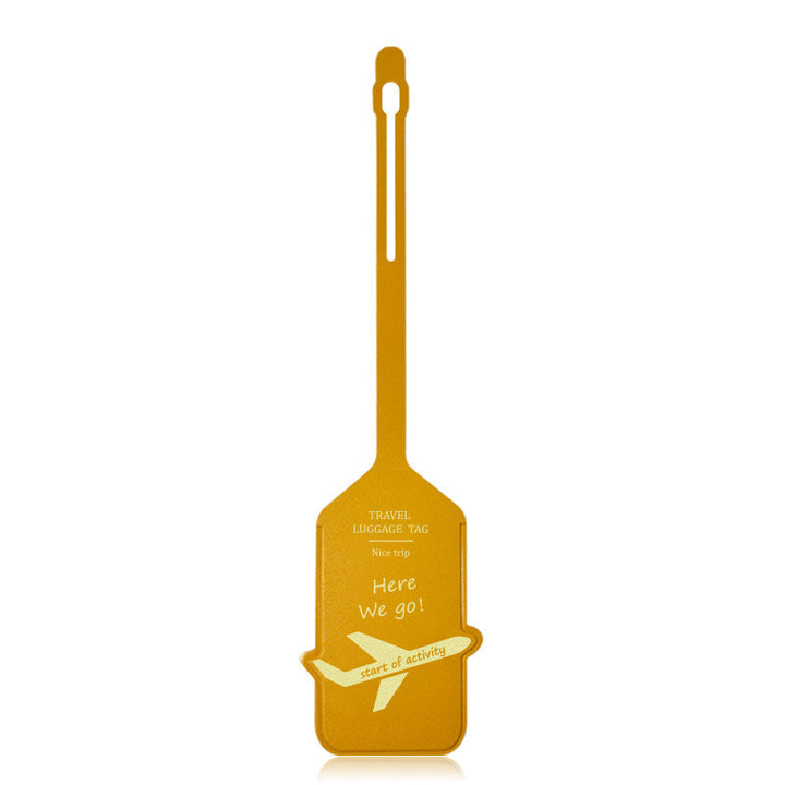 premium leather travel luggage ID tag with embossed airplane motif and adjustable strap Stornfield