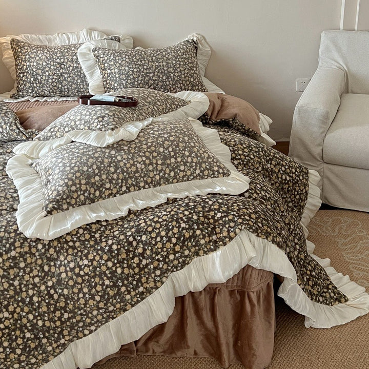 Floral Brushed Cotton Duvet Cover Set with Ruffled Satin Trim